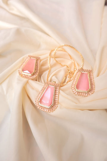Pink Stone Pendent And Ear Set