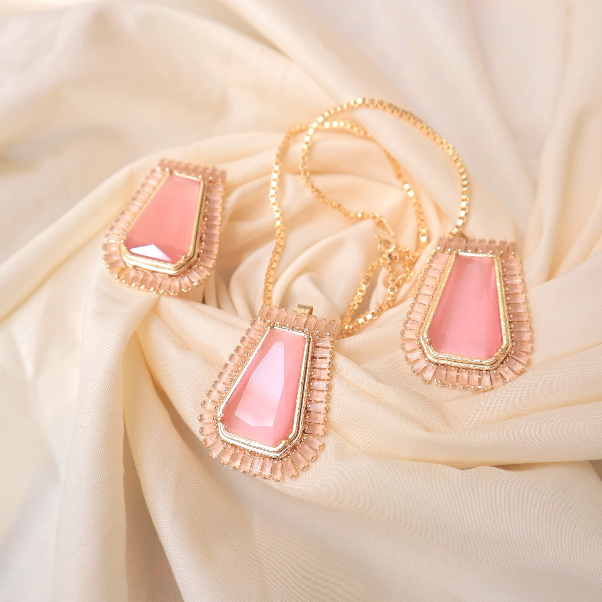 Pink Stone Pendent And Ear Set