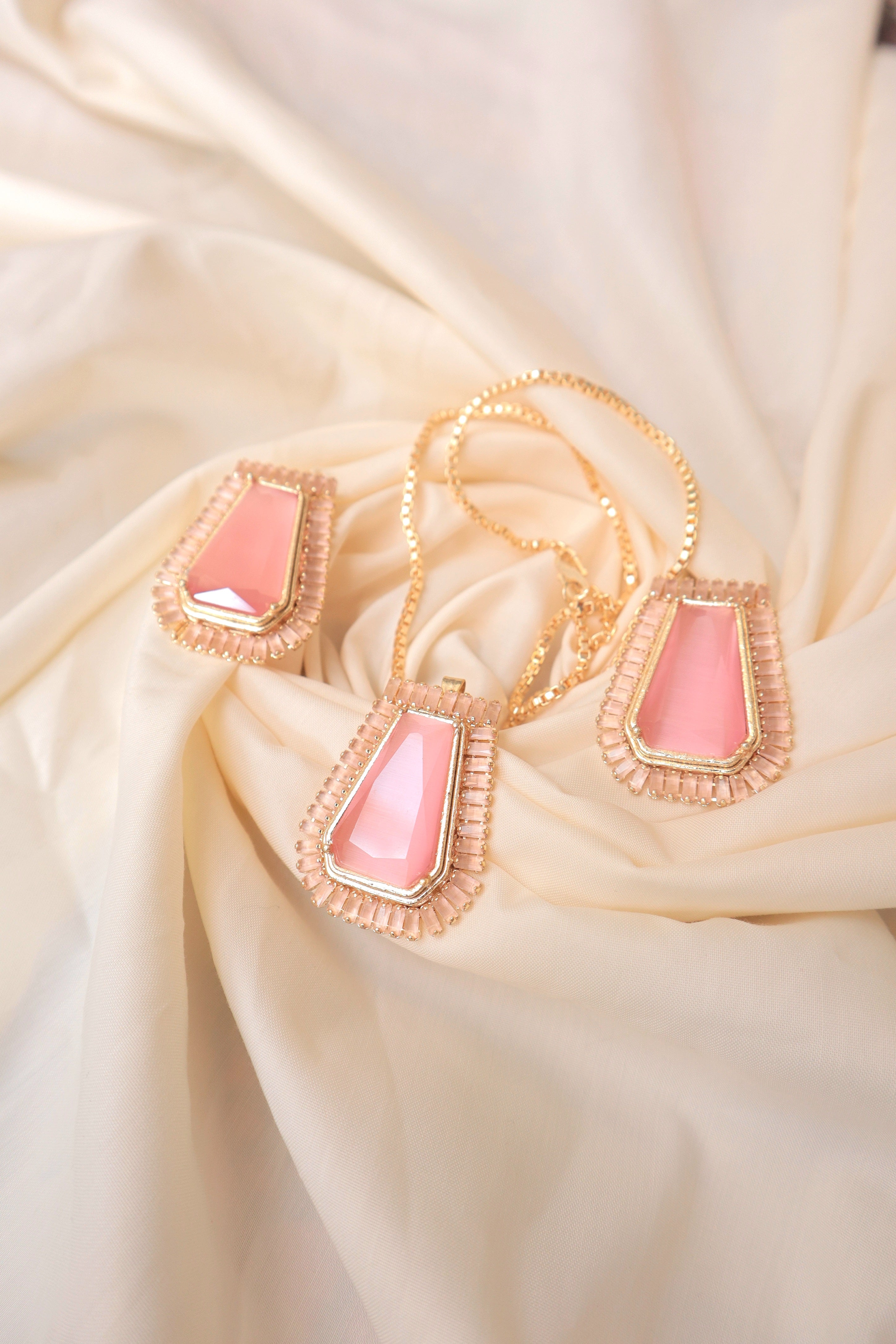 Pink Stone Pendent And Ear Set